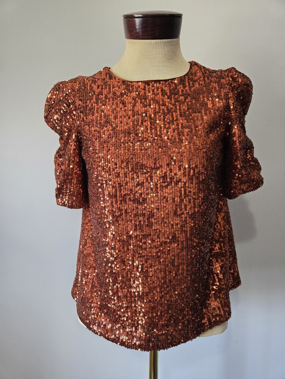 Anthropologie Marie Copper Sequin Puff Sleeve Top. Size 0